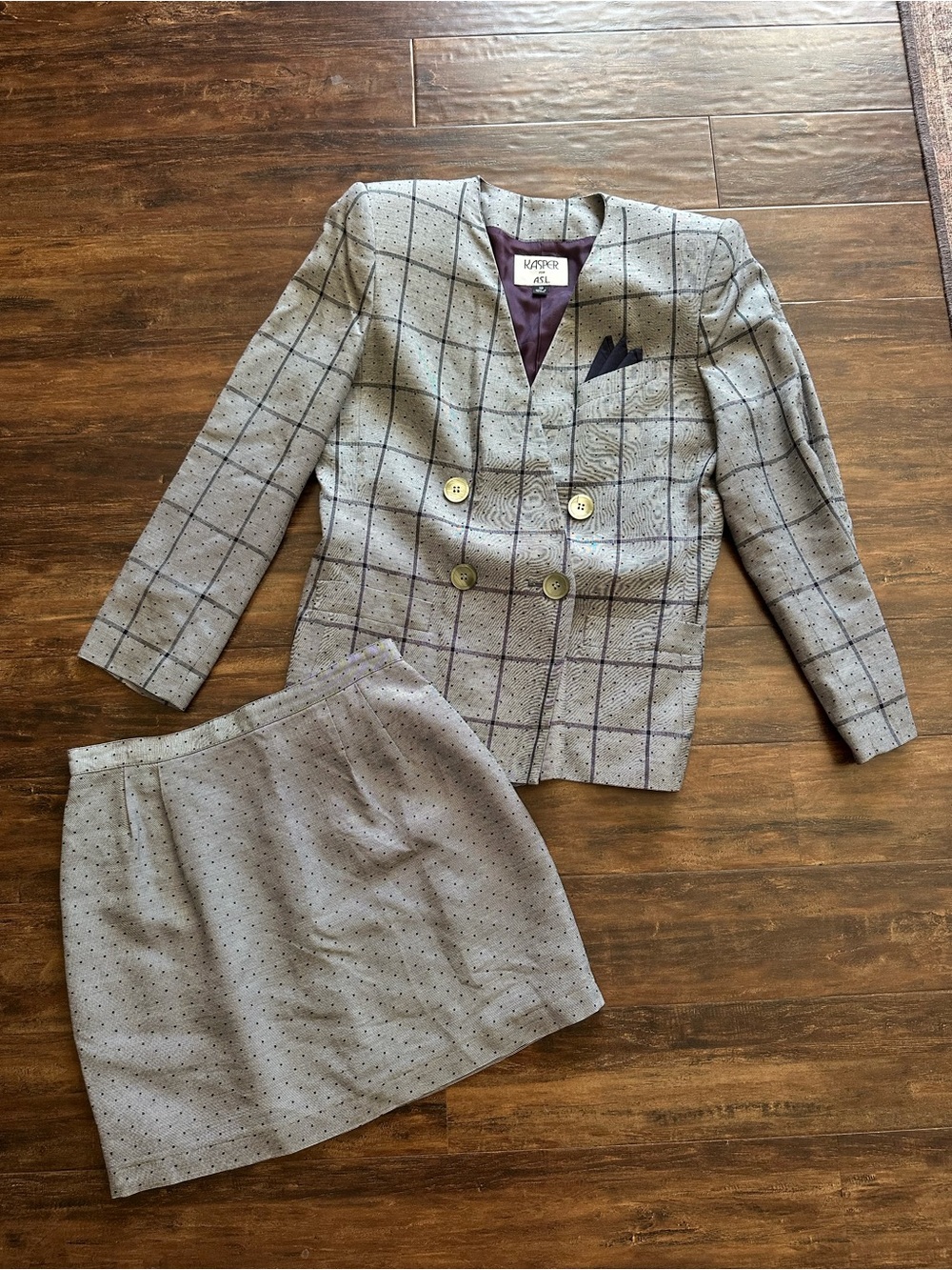 Vintage Kasper Gray and Navy Windowpane Double-Breasted Blazer and Skirt Set